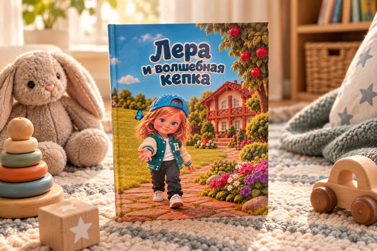 Бумажная книга «Лера и волшебная кепка» на ковре среди детских игрушек